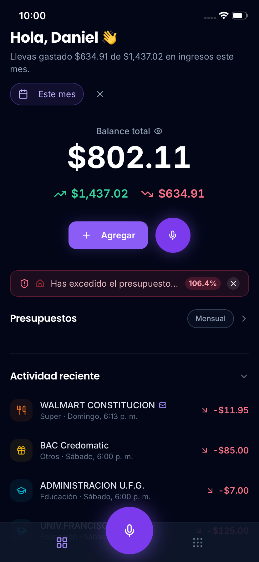 Pantalla principal de MiPisto con balance disponible, presupuestos y actividad reciente